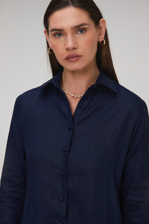 Camisa Eloise Em Linho Azul Marinho