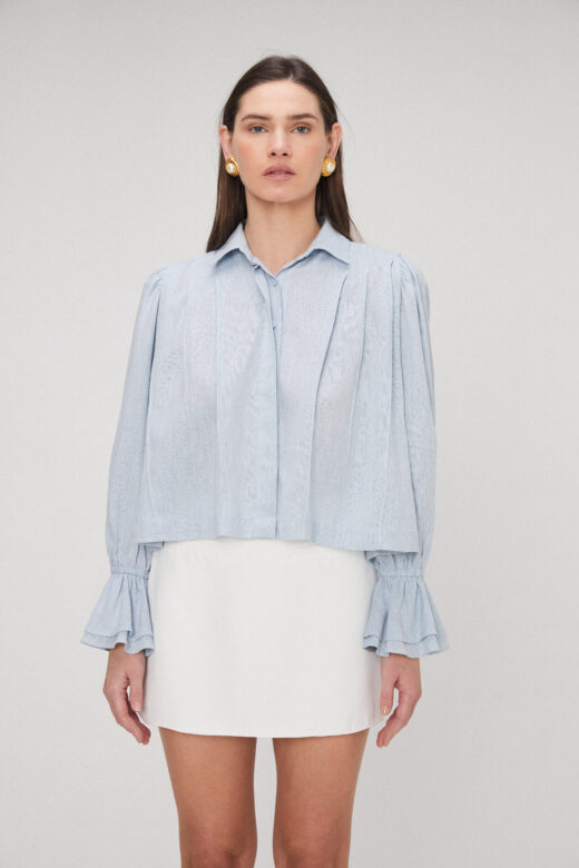 Camisa Pregas em Linho Azul