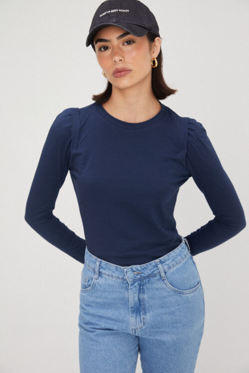 Blusa Ane Manga Longa Azul Marinho