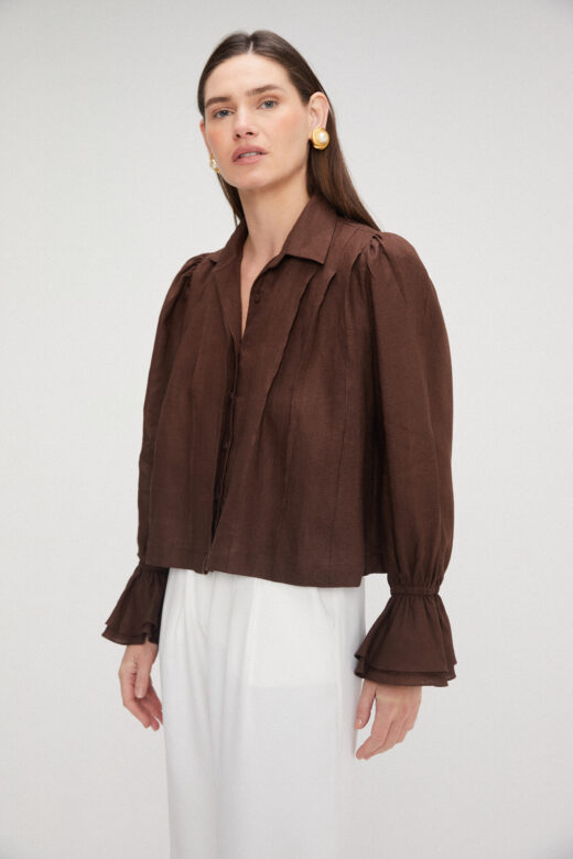 Camisa Pregas em Linho Marrom - Imagem 6