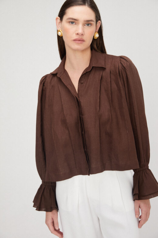 Camisa Pregas em Linho Marrom - Imagem 3