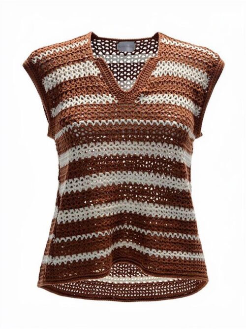 REGATA CROCHE LISTRAS MARROM E OFF WHITE